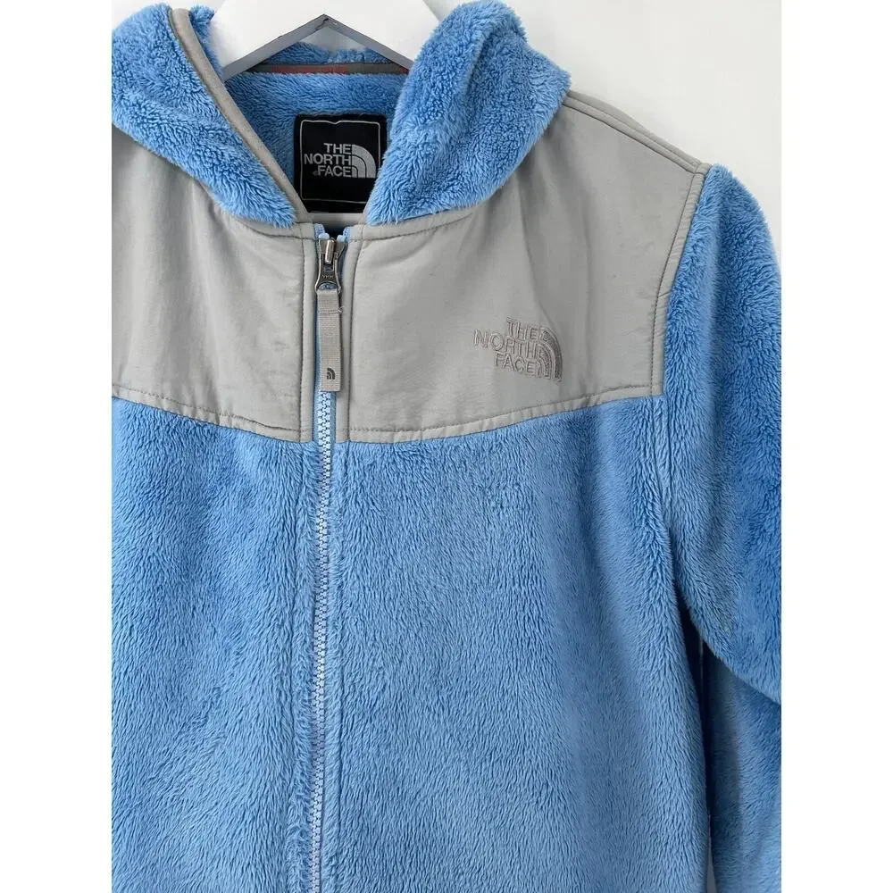 The North Face Girls Jacket XL Blue Gray Fleece Hooded Pockets Full Zip Logo